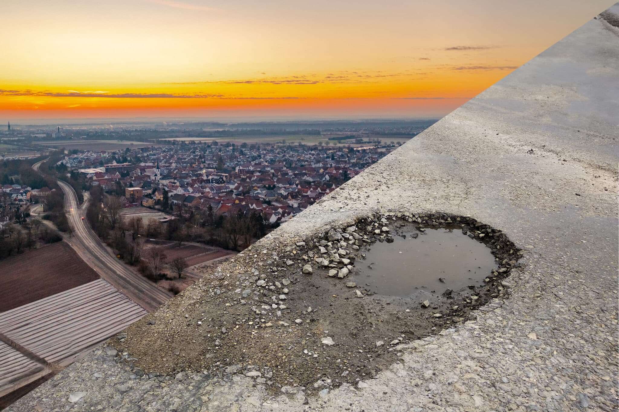 Sonnenuntergang über Stadt, Straße im Vordergrund.